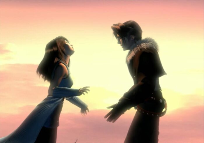 Squall and Rinoa embrace in the opening of FF8