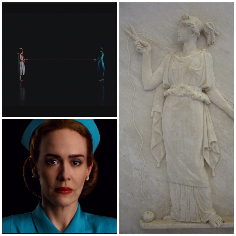 three slides which show Nurse Ratched cutting the red thread of life (left side) and an ancient Greek carved relief of Atropos cutting a thread (right side) 