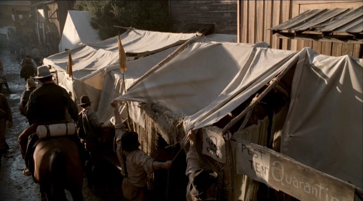 The "Pest" tents are set up to house the sick in a scene from Deadwood.