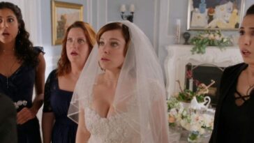 Heather, Paula, Rebecca and Valencia stand in shock, Rebecca in a wedding dress
