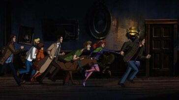 The cast of Supernatural intermingles with the cast of Scooby-Doo as they all run down the hallway of a spooky mansion