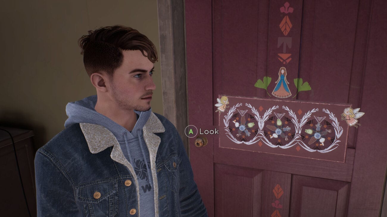 Tyler looks at cryptic puzzle symbols on a door