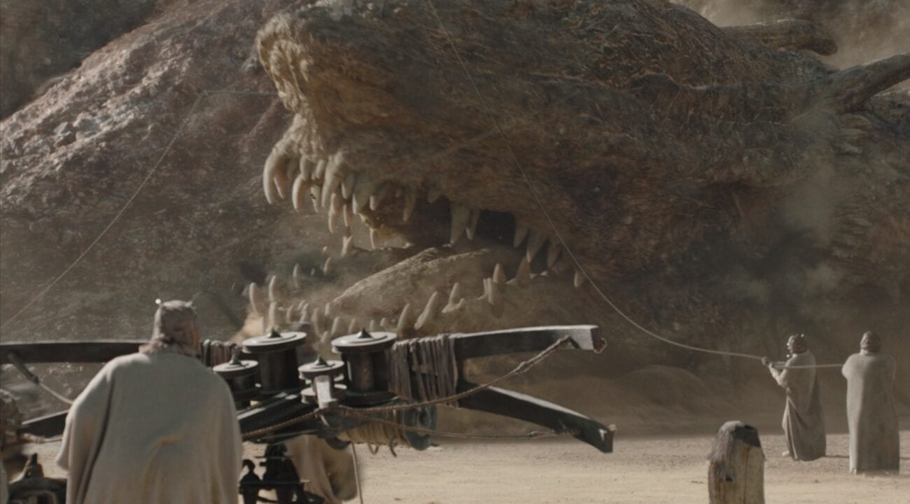 Tusken Raiders attempt to bring down an attacking Krayt Dragon