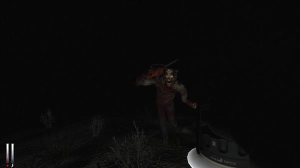 A mysterious figure with a disturbing mask appears out of the darkness wielding a chainsaw