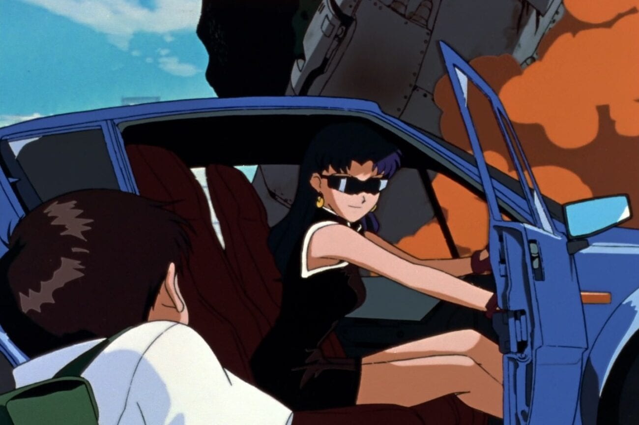 Misato pulled up in her car and opening the door for Shinji