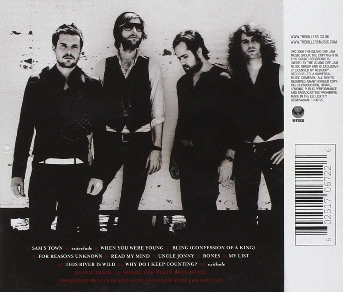 The back cover of Sam's Town album. Features the track listing and all four Killers band members