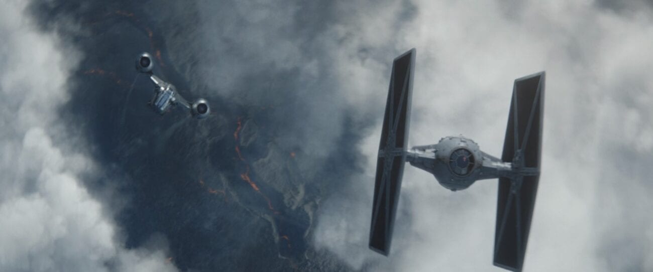 The Razor Crest and a TIE Fighter have a dogfight in the air