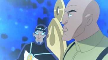 Lex Luthor stands in the foreground in front of Metron. Luthor is looking at the Source Wall, off camera, while Metron looks at Luthor. Series finale of Justice League Unlimited.