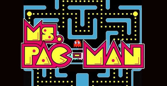 Ms Pac Man logo with the light blue level as background