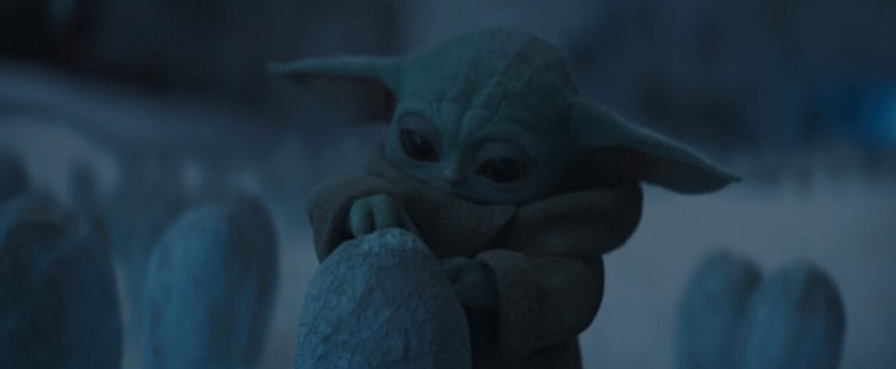 The Child (Baby Yoda) opens a spider egg to eat