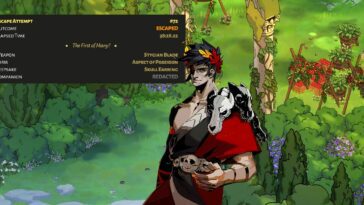 Prince Zagreus in front of Johnny's cleared game stats.
