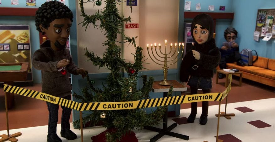 Claymation versions of Greendale Community College students stand in a designated holiday zone