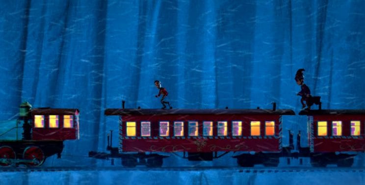 Claymation versions of Abed and Professor Duncan walk across the roof of the Polar Express
