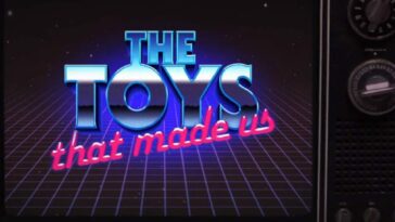 The neon logo for docuseries The Toys That Made Us on a retro 1970s style wooden box television set