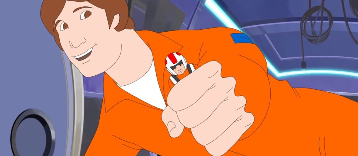 A large cartoon figure of an astronaut in an orange jumpsuit holding a Luke Skywalker action figure