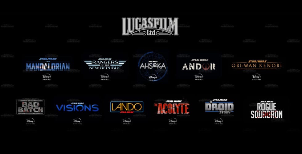 The names and logos of new Star Wars properties on a black background