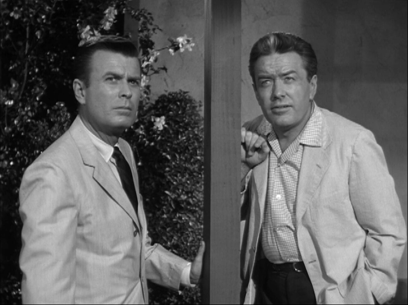 Bill and Roger stand looking off towards the sky in Alfred Hitchcock Presents "Special Delivery"