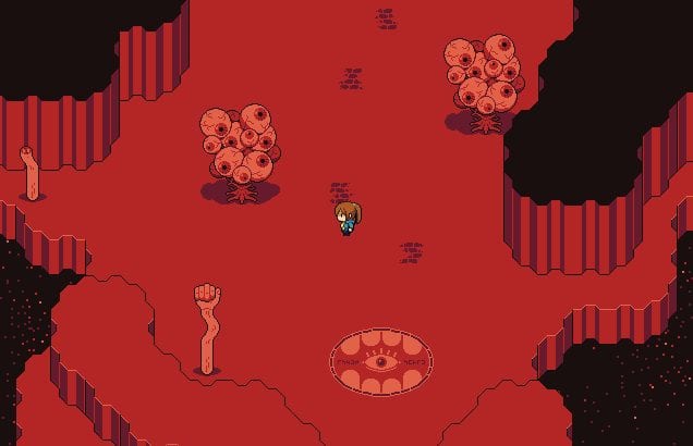 a woman stands in a red expanse, strange trees with eyeballs and arms surround her. a mouth with teeth decorates the ground
