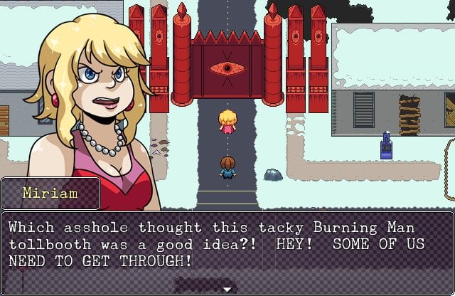 Miriam, a blonde haired woman in a dress, looks angrily at a red barrier and the text below her says "Which asshole thought this tacky Burning Man tollbooth was a good idea?! HEY! SOME OF US NEED TO GET THROUGH!"