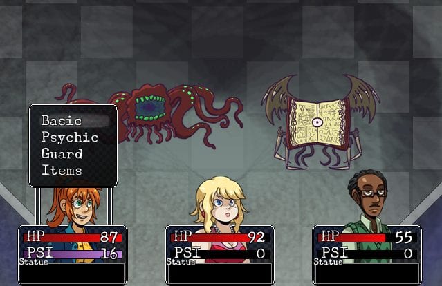 a battle screen. two woman and a man have their health and PSI points displayed. above them are two monstrous creatures: a many tentacled mouth and a book sporting wings and claws, and eye in the centre