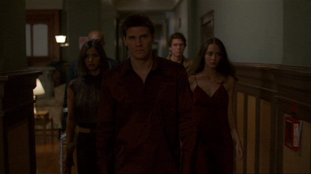 From left to right: Cordelia, Gunn, Angel, Wesley, and Fred in the Hyperion.