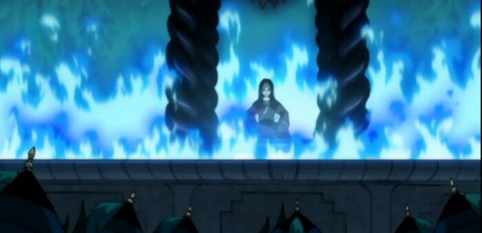 Azula sits on a throne in the center of the frame, a wall of blue flame surronds her, Dai Li agents bow in the foreground