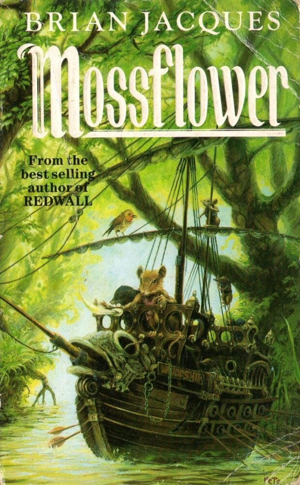 On the cover of Mossflower, Martin and his friends ride a ship down a river in the woods
