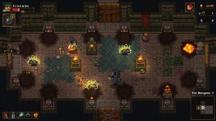Gameplay for Undermine shows a person with a pick axe in a room beset by enemies