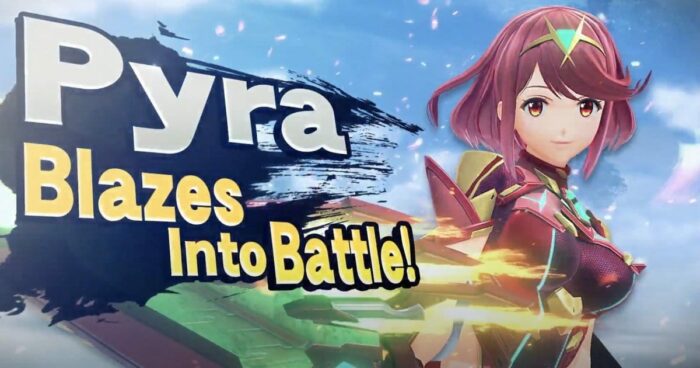 Pyra poses for Smash while the phrase "Pyra Blazes into Battle!" appears on screen