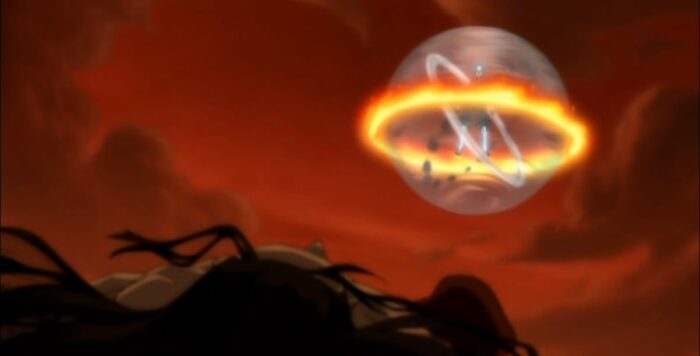 Aang, in a bubble surronded by each element, looks down from above at Ozzai who lays on rocks looking up