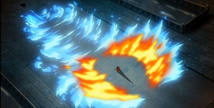 Zuko and Azula stand in the center of the dueling area, the frame is filled with blue and orange flames