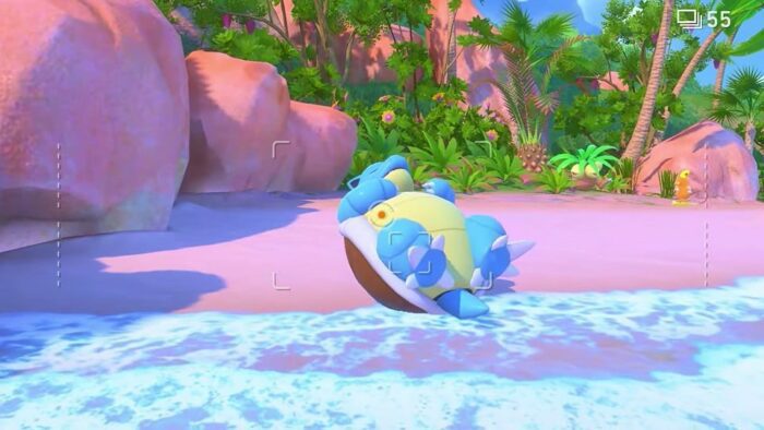 a blastoise sleeps on a beach. a camera lens is aimed at it from a first person perspective