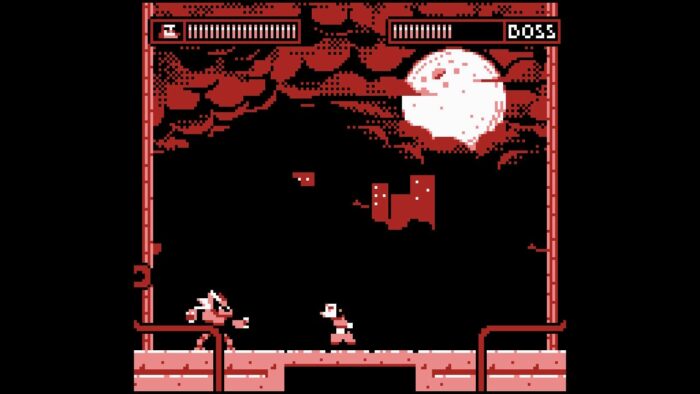 Dogurai faces off against a boss in the Game Boy Indie of the same name.