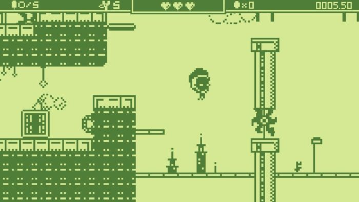 Pixboy glides towards a buzzsaw in the Game Boy themed indie game, Pixboy.