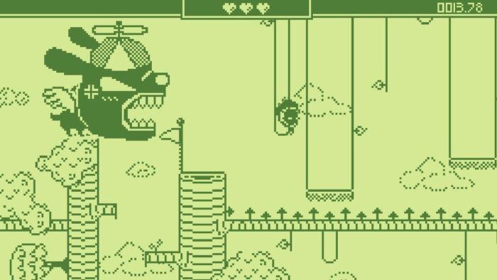Pixboy tries to escape from a boss in the Game Boy indie game, Pixboy.
