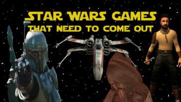 Feature image showing a variety of Star Wars characters, with the phrase "Star Wars games that need to come out"