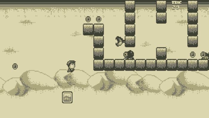 Leaping from a falling block in the Game Boy themed indie, Stardash.