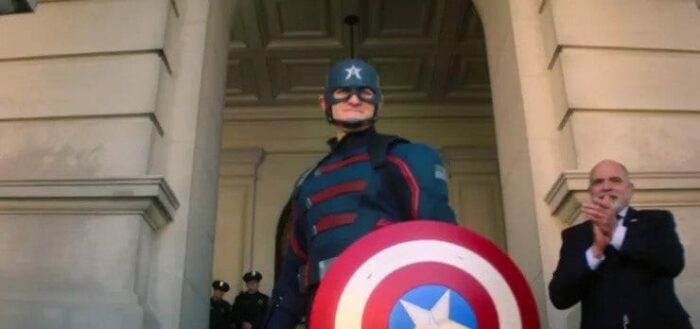 The new Captain America (Wyatt Russell) faces the cameras...