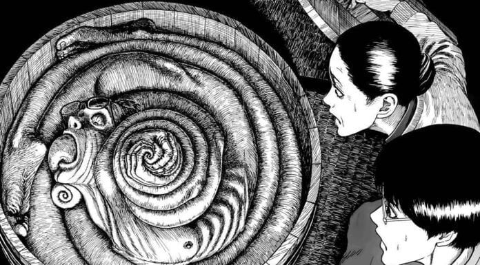 A young woman looks at a spiral with a face in it in Junji Ito's Uzumaki