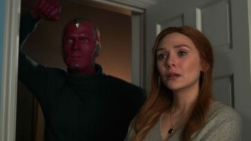 Wanda and Vision stare at their kids from a doorway