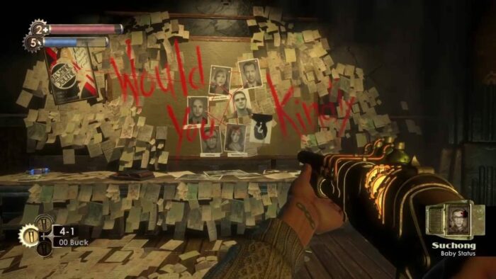 The player character in Bioshock stares at a wall covered in pictures and papers, with the phrase "Would you kindly?" scrawled in red