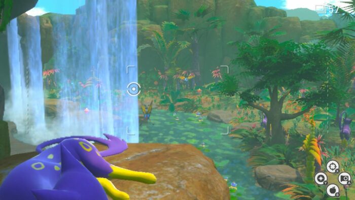 A camera view of a jungle with several Pokémon in the distance