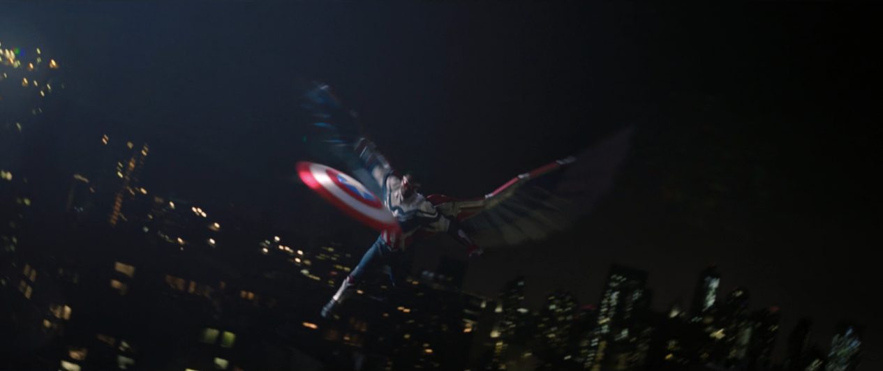 Sam Wilson (now Captain America) throws the shield while flying in The Falcon and Winter Soldier finale. 