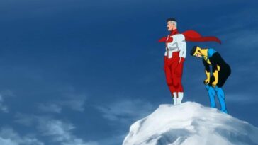 Invincible and Omni-man stand at the top of Mount Everest. Omni-man looks heroic, Mark looks winded.