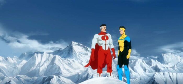 Omni-man stands next to Invincible on the summit of Mount Everest.