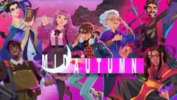 the logo for Midautumn, with several of the characters standing behind it
