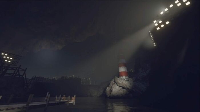 the view of a light house through stadium lights on a lake in the underground bunker