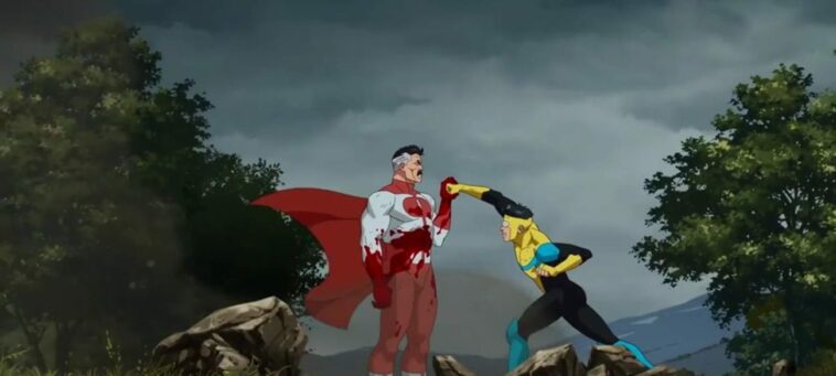 Invincible attempts to punch Omni-man, who easily catches his punch, even though Invincible is throwing his entire weight into it.