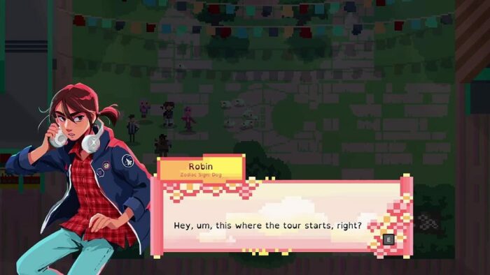 a dialogue box reads "Hey, um, this is where the tour starts, right?" Robin's character artwork is on the left