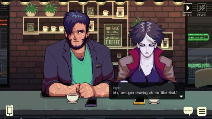 Gala and Hyde sit at the counter with coffees 